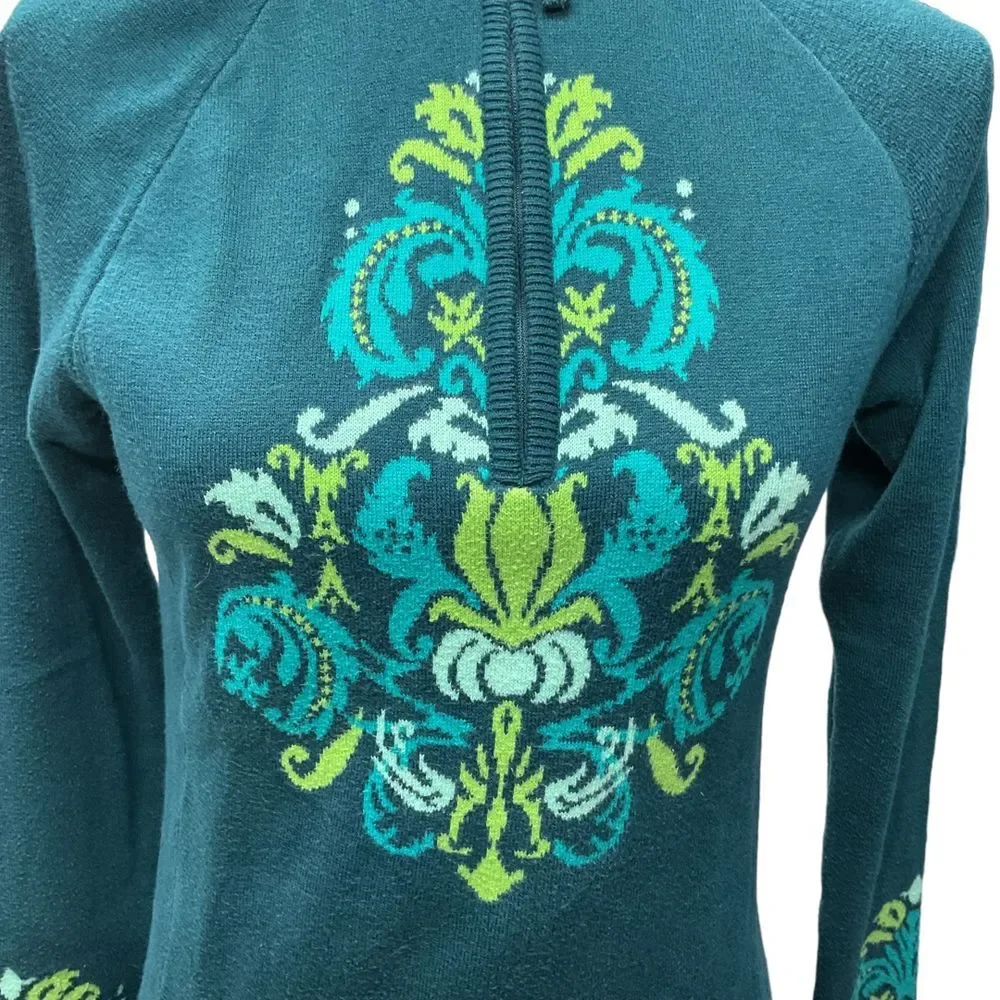 Athleta 1/4 Zip Floral‎ Knit Pullover Sweater Blue Green Thumbholes Size S Cozy
